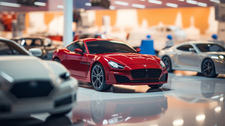 A close-up view of a shiny red car in a showroom with other vehicles in the background. The focus is on the front headlight and grille area.の素材