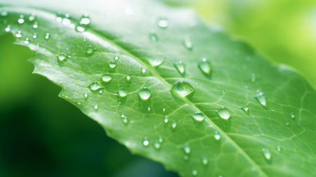 A close-up of a green leaf with water droplets under sunlight, highlighting the intricate patterns and fresh appearance of the foliage.の素材