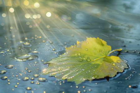 A close-up of a green leaf with water droplets under sunlight, highlighting the intricate patterns and fresh appearance of the foliage.の素材