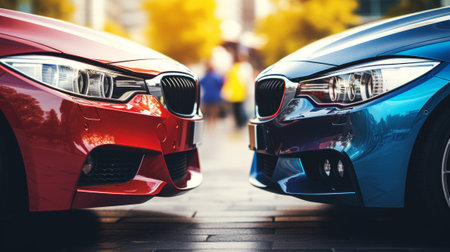 Low angle view of sleek cars parked on a city street, with the focus on the red car's alloy wheel, showcasing urban life and luxury.の素材