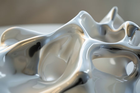 This is a close-up photo of a glossy object with flowing, organic shapes and smooth, fluid-like curves reminiscent of petals or liquid forms. abstract background fluid and flower forms.の素材