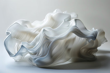 This is a close-up photo of a glossy object with flowing, organic shapes and smooth, fluid-like curves reminiscent of petals or liquid forms. abstract background fluid and flower forms.の素材