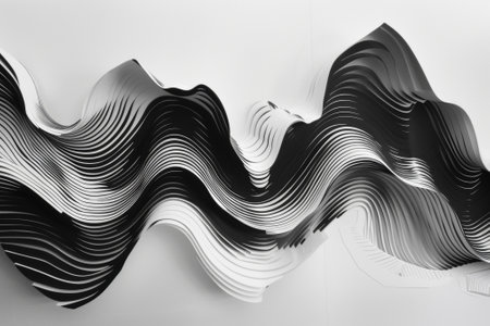 The image shows an abstract design of flowing, wavelike forms in black and white with a sense of movement and grace. geometric black and white forms flowing waves in background.の素材