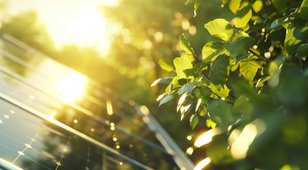 A vast solar panel array captures the golden rays of the setting sun, highlighting renewable energy potential against a dramatic sky.の素材