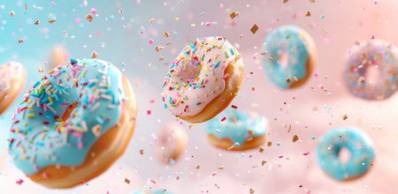 Floating donuts with colorful icing and sprinkles captured mid-air against a pastel background, exuding a playful and appetizing vibe.の素材