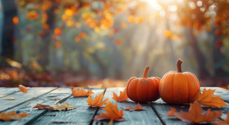 features the serene beauty of autumn, showcasing pumpkins, fallen leaves, sunlit forest. Perfect for celebrating Halloween, Thanksgiving Day, the harvest season, and the enchanting autumn ambiance.の素材