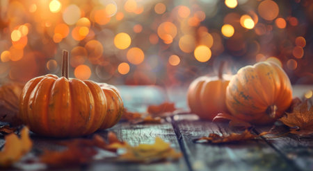 features the serene beauty of autumn, showcasing pumpkins, fallen leaves, sunlit forest. Perfect for celebrating Halloween, Thanksgiving Day, the harvest season, and the enchanting autumn ambianceの素材