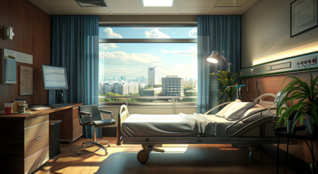 An empty, modern hospital room with medical equipment, a bed, and bright lighting, showing cleanliness and advanced healthcare facilities.の素材