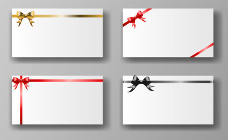 Four gift cards with bows in gold, red, and black on a gray background. Each card features a bow and ribbon, creating a festive and elegant appearance. Vector illustration.のイラスト素材