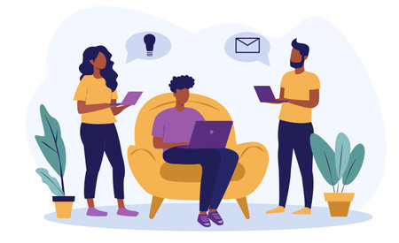Illustration of three people using laptops, sharing ideas and messages, with potted plants in the background. Concept of teamwork, collaboration, and communication. Vector illustrationのイラスト素材