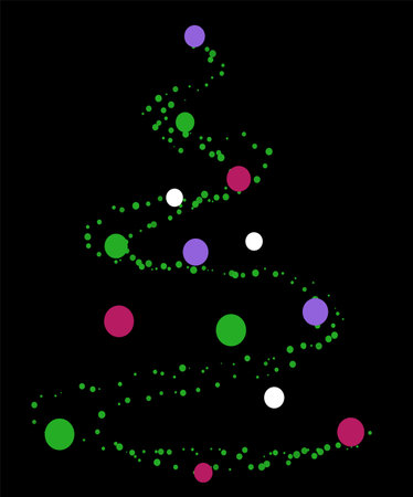 Abstract Christmas tree composed of spiraling green dots with colorful ornaments on a black background. Concept of minimalist holiday design. Vector illustrationのイラスト素材