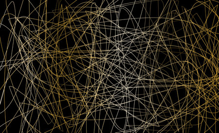 An abstract background filled with chaotic lines in gold and white hues on a black backdrop. Concept...