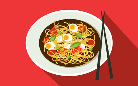 Enjoying a flavorful bowl of Korean ramen with noodles and garnishes on a red backgroundのイラスト素材