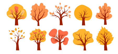 Vector illustration of autumn trees showcasing vibrant foliage in a variety of shapes and sizesのイラスト素材