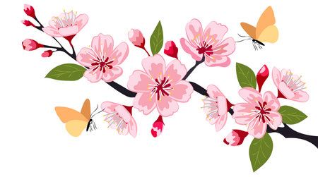 Elegant cherry blossom vector illustration featuring delicate pink flowers with butterflies on a serene branchのイラスト素材