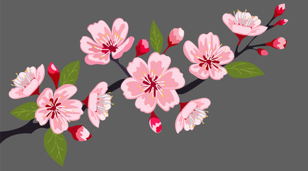 Stunning sakura blossom vector illustration showcasing delicate pink flowers and vibrant green leaves against a muted backgroundのイラスト素材