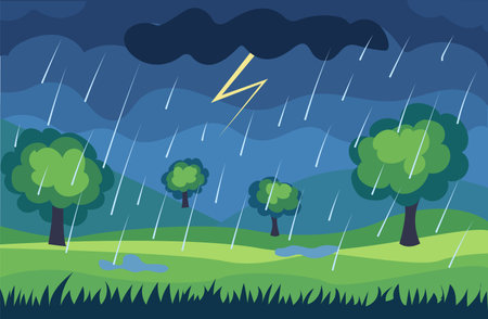 Vector illustration depicting a stormy landscape with rain and lightning over green hills and treesのイラスト素材