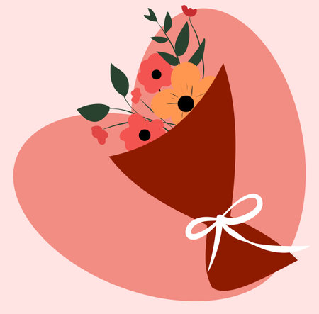 A cheerful bouquet filled with vibrant orange, red, and green flowers is beautifully wrapped in white paper. The background features a light pink design, enhancing the floral display.のイラスト素材