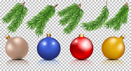 Set of fir branches and christmas balls with shadow and reflection, christmas tree branches. Universal set for postcards, advertising, flyers.のイラスト素材