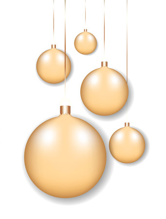 The image features golden Christmas ornaments suspended from the top. The style is modern with a clean background. Vector illustration.のイラスト素材
