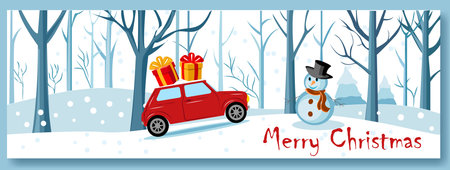 Festive winter scene featuring a car with gifts and a cheerful snowman celebrating Christmas and New Year in a snowy forestのイラスト素材