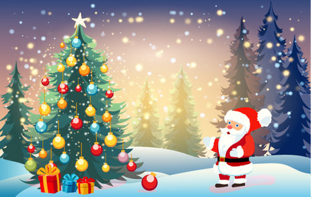 Beautiful Christmas and New Years background with decorated Christmas tree in fluffy snowdrifts against background of evening winter forest, falling snow and magical skyのイラスト素材