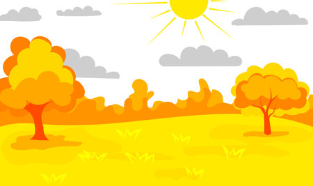 Bright and cheerful vector illustration depicting a sunny landscape filled with yellow fields, orange trees, and fluffy clouds. Ideal for nature-themed projects or backgrounds.のイラスト素材