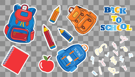 Bright vector illustration displays various colorful stickers representing school supplies such as backpacks, pencils, and notebooks, perfect for back to school themes.のイラスト素材