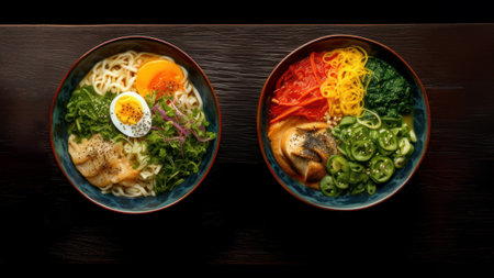 Image of two ramen bowls with Asian noodles and a variety of ingredients, seen from a top perspective.の素材