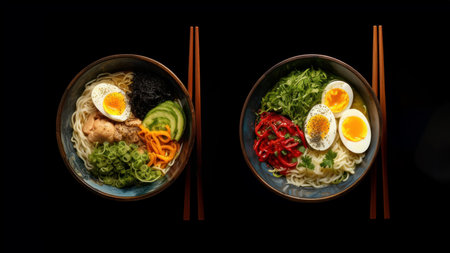 Top view of two bowls of ramen filled with Asian noodles and various ingredients.の素材