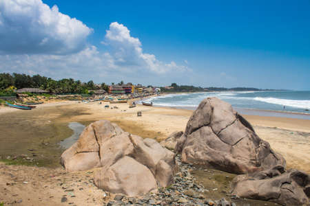 The beach at Mahabalipuram village, Tamil Nadu, Indiaの写真素材