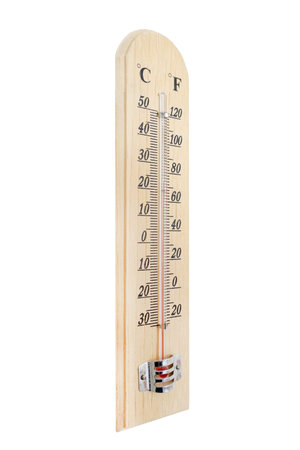 the thermometer is made of wood, for measuring room temperature, on a white background