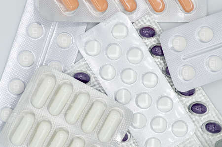 Different medicines: tablets, pills in blister pack, medications drugs, macro, selective focusの写真素材