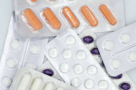 Different medicines: tablets, pills in blister pack, medications drugs, macro, selective focusの写真素材