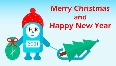 Vector New Year and Christmas card with cartoon funny blue character carrying a Christmas tree and a bag of giftsのイラスト素材