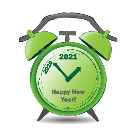 Stylized retro alarm clock with arrows approaching 2021 vector drawingのイラスト素材