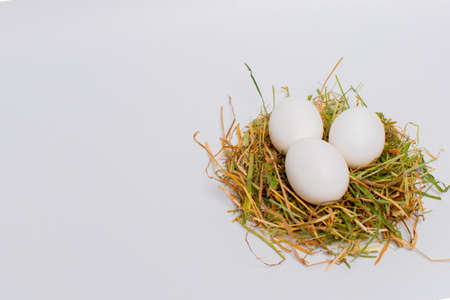 three white eggs in straw nest. closeup.の写真素材