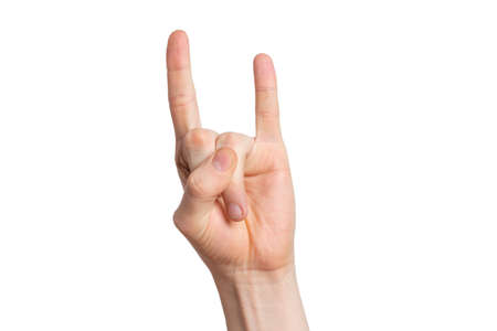 man hand show rock sign, goat gesture isolated on white background. horizontal photo.の写真素材