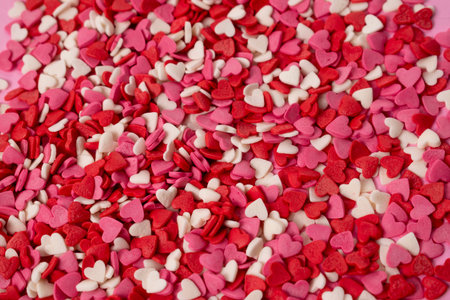 Very small heart-shaped candies are scattered across the background. Many small bright hearts in...