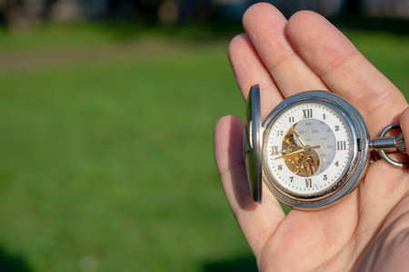Vintage pocket watch in male hand on a background of green grass. Steampunk watch. Sunny summer day....