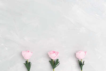 Three roses of pastel colors on a bright background are located below. Copy spaceの写真素材