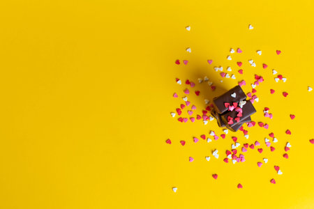 a stack of chocolates on a background of confetti from small hearts. yellow background.