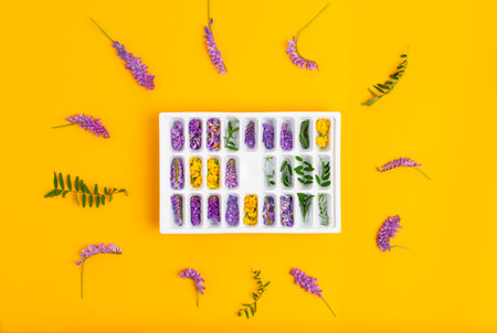 Ice cubes with yellow and purple flowers in a tray in the center of the frame on a yellow...