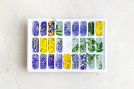 Ice cubes with yellow and purple flowers in a tray in the center of the frame on a white background.