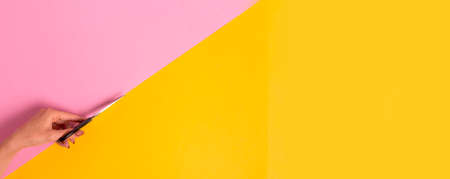 The left female hand cuts the pink-yellow background in half with scissors. International Left-handers Day on August 13の写真素材