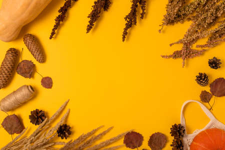 Autumn layout of dry leaves, pumpkin, cones and dried flowers on a yellow background with place for text. Flat lay, top view. Thanksgiving day conceptの写真素材