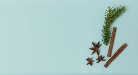 Christmas composition of a fir branch, cinnamon sticks and star anise on a mint background with a...