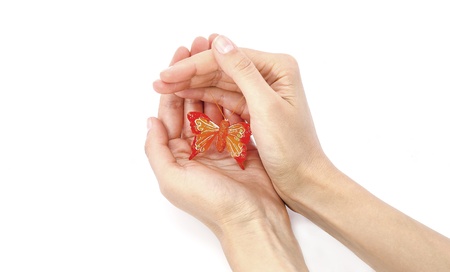 Butterfly sitting on hands isolated on white backgroundの写真素材