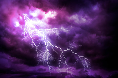 A lightning strike on the cloudy sky