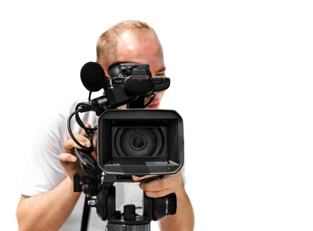 Video camera operator isolated over white